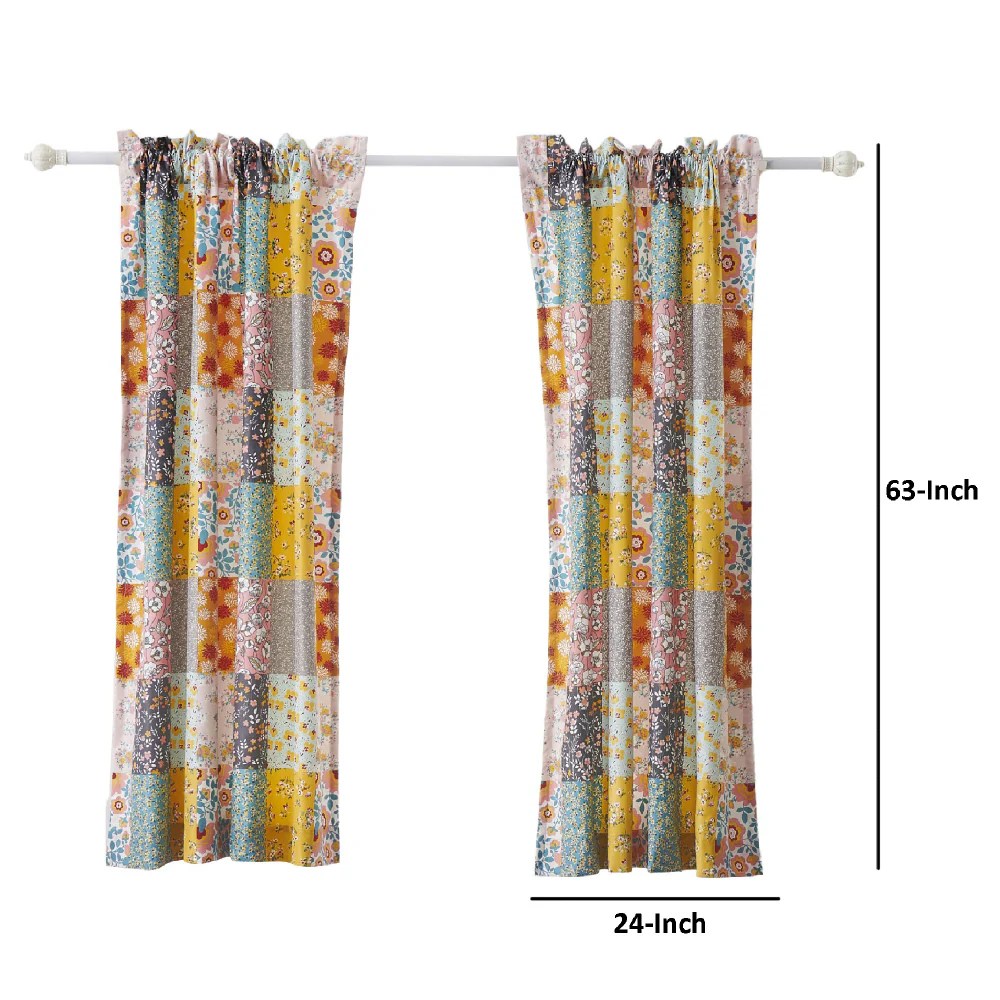 Turin 63 Inch Patchwork Flower Curtains, Brushed Microfiber, 2 Panels, Tiebacks, Rod Pocket, Privacy Liner, Multicolor Bohemian Decor
