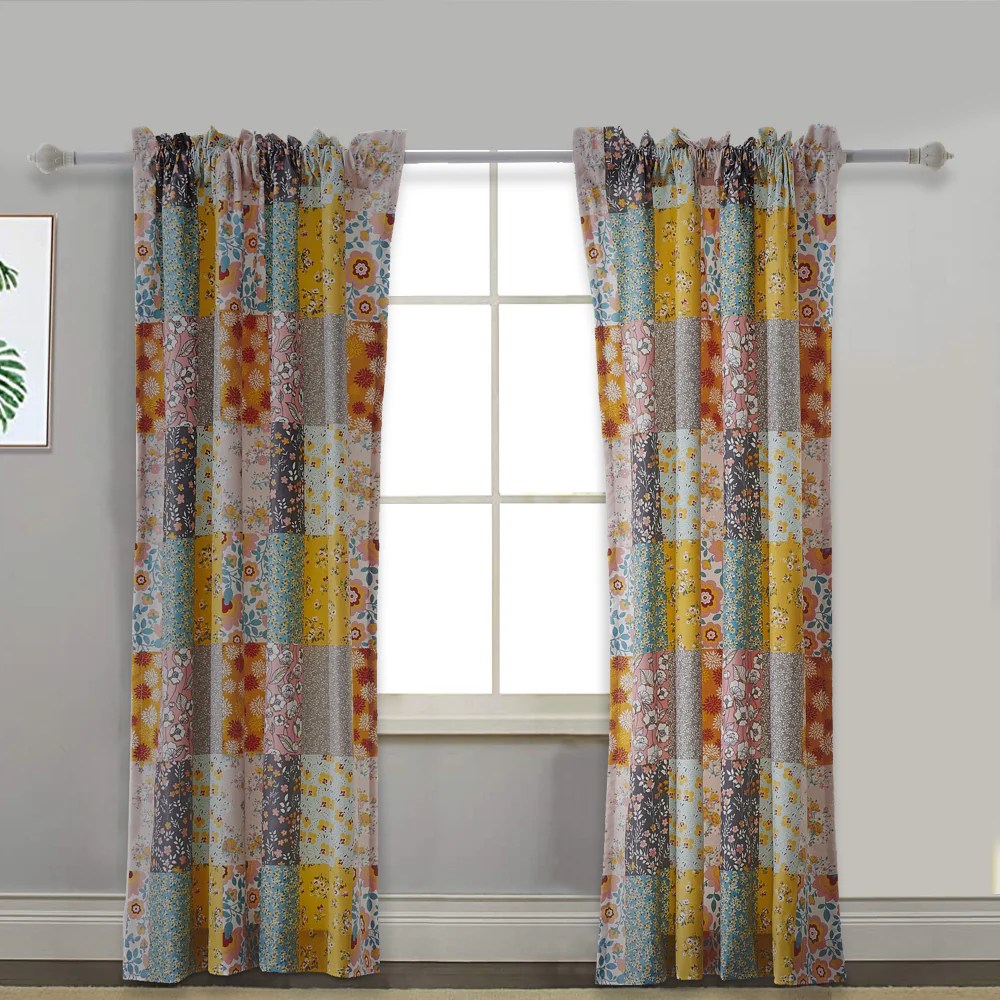 Turin 63 Inch Patchwork Flower Curtains, Brushed Microfiber, 2 Panels, Tiebacks, Rod Pocket, Privacy Liner, Multicolor Bohemian Decor