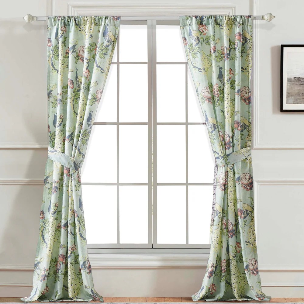 Eden 84" Green Microfiber Butterfly Songbird Window Curtains with Tiebacks - Privacy Liner, Rod Pocket, Botanical Floral Print