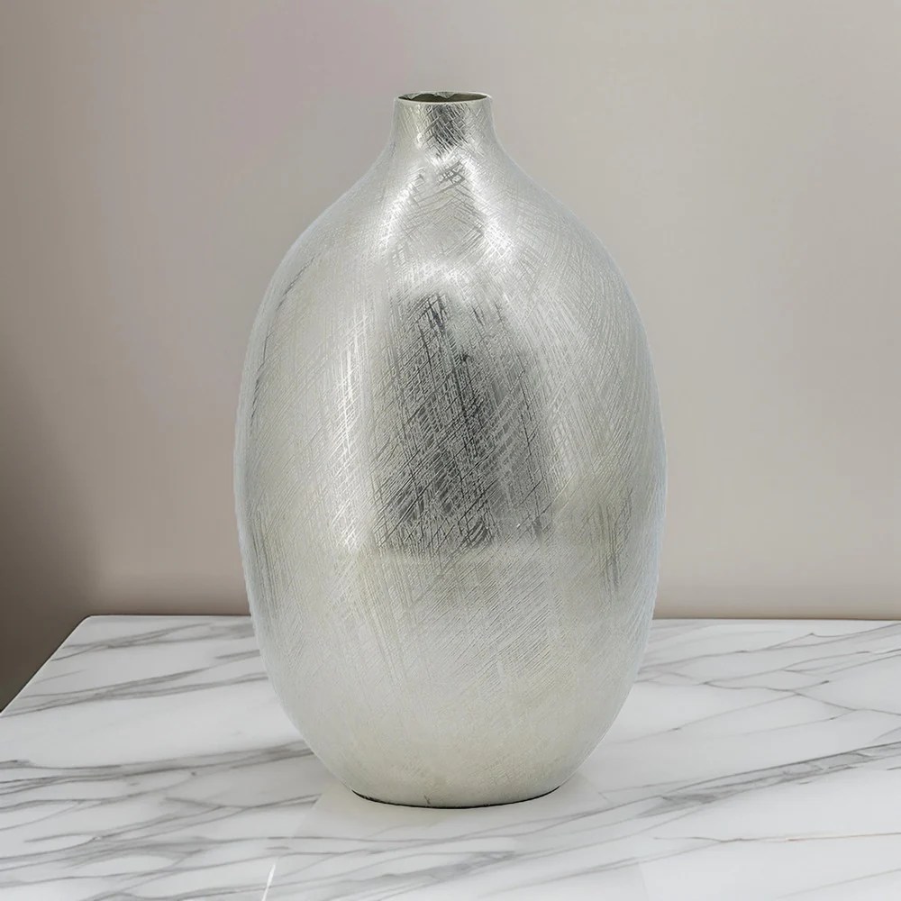 Silver Metal Vase, 14 Inch Tall, Modern Curved Bottleneck Vase, Aluminum, Decorative Flower Vase, Home Decor