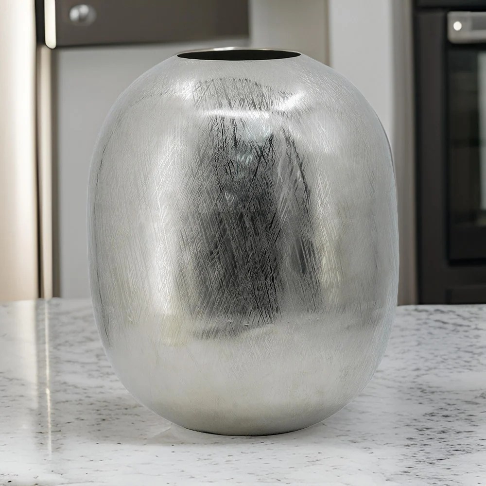 Chan 13" Silver Aluminum Metal Vase - Modern Round Curved Decorative Flower Vase for Home Decor
