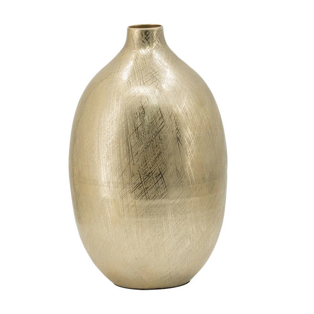 Gold Metal Vase, 14 Inch Tall, Modern, Curved, Bottleneck, Aluminum, Decorative Flower Vase