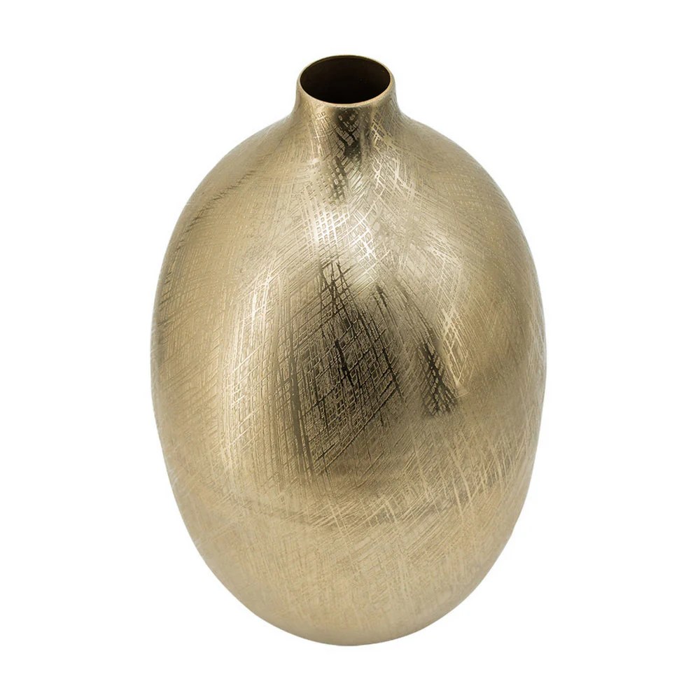 Gold Metal Vase, 14 Inch Tall, Modern, Curved, Bottleneck, Aluminum, Decorative Flower Vase