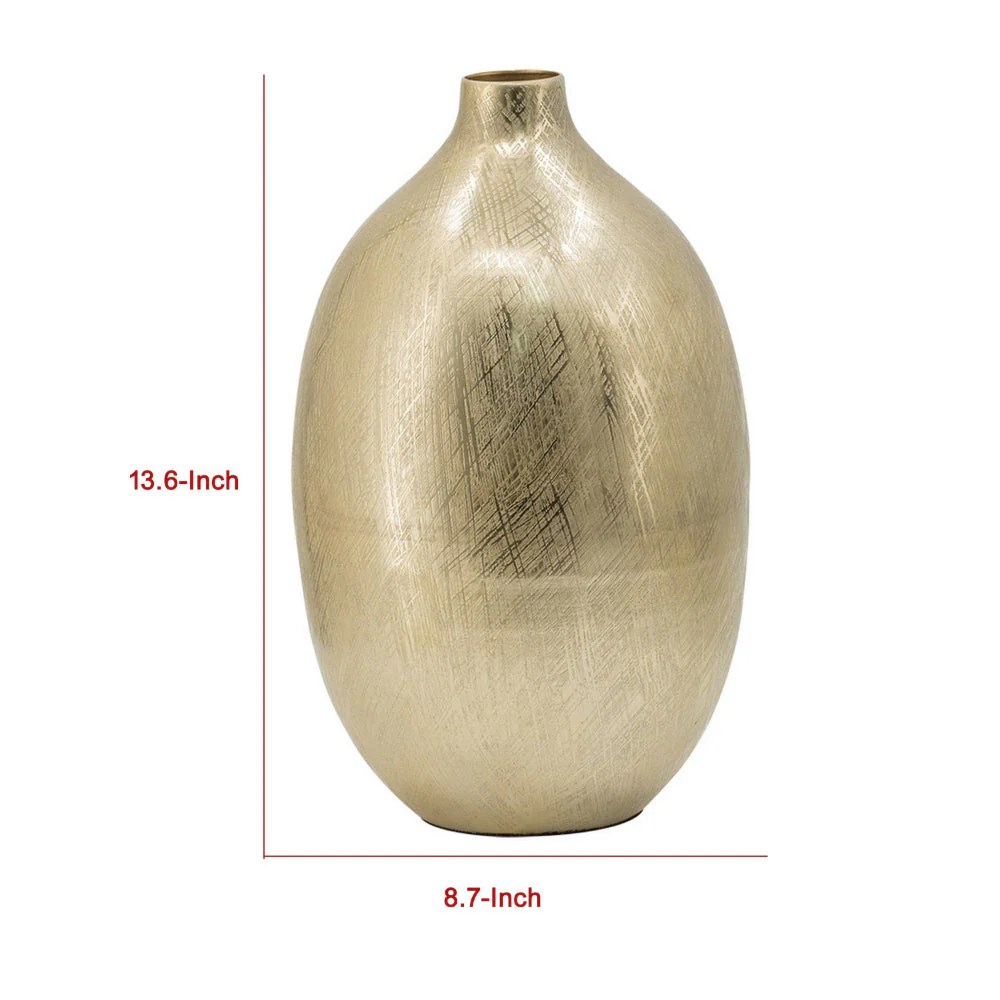 Gold Metal Vase, 14 Inch Tall, Modern, Curved, Bottleneck, Aluminum, Decorative Flower Vase