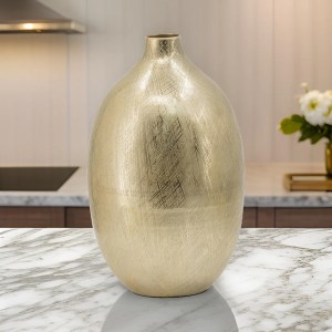 Gold Metal Vase, 14 Inch Tall, Modern, Curved, Bottleneck, Aluminum, Decorative Flower Vase