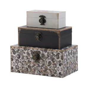 Leo 3-Piece Decorative Storage Box Set - Vintage Floral MDF Boxes with Vegan Leather Lining & Metal Locks - Black & Gray