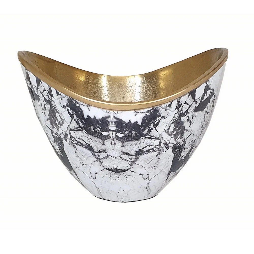 Sinzo 10" Gold Aluminum Decorative Bowl - Marble Texture, Modern, Lightweight, Watertight, Gray/White/Gold, 9.8L x 9.8W x 7.3H