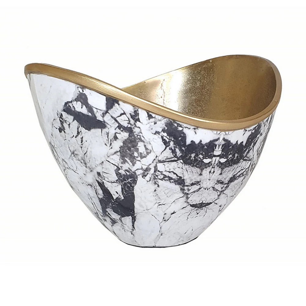 Sinzo 10" Gold Aluminum Decorative Bowl - Marble Texture, Modern, Lightweight, Watertight, Gray/White/Gold, 9.8L x 9.8W x 7.3H
