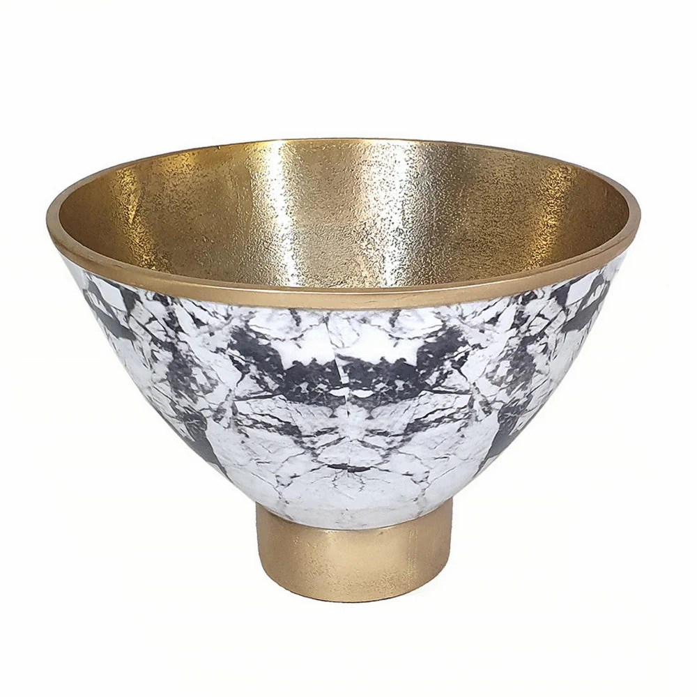 Sinzo 10" Gold Aluminum Decorative Bowl - Marble Textured, Black/White, Modern Centerpiece, Lightweight, Watertight