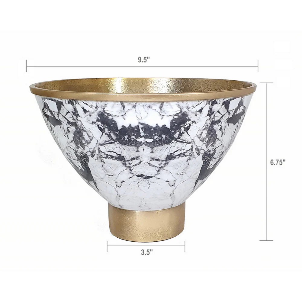 Sinzo 10" Gold Aluminum Decorative Bowl - Marble Textured, Black/White, Modern Centerpiece, Lightweight, Watertight