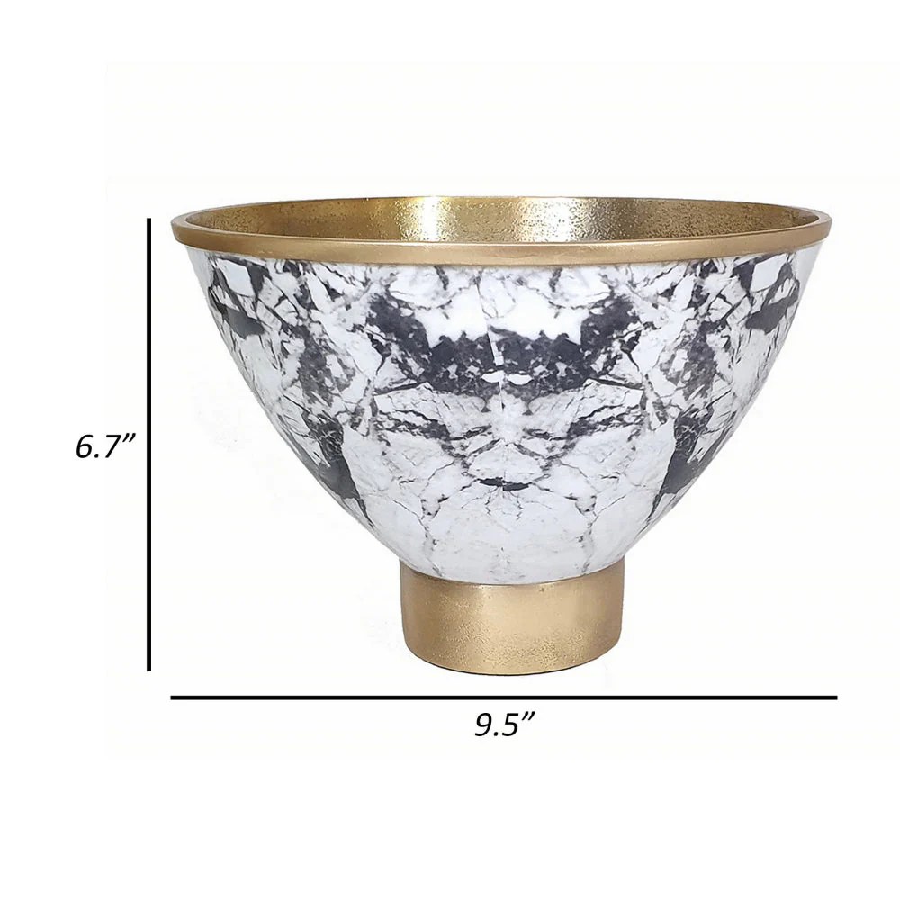Sinzo 10" Gold Aluminum Decorative Bowl - Marble Textured, Black/White, Modern Centerpiece, Lightweight, Watertight