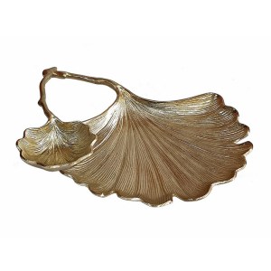 14 Inch Gold Aluminum Decorative Bowl - Textured Double Leaf Design, Home Decor Accent