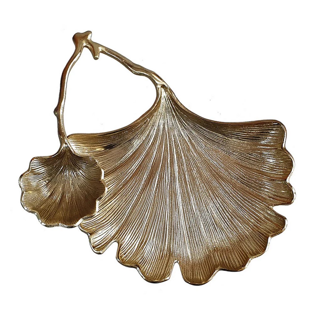 14 Inch Gold Aluminum Decorative Bowl - Textured Double Leaf Design, Home Decor Accent