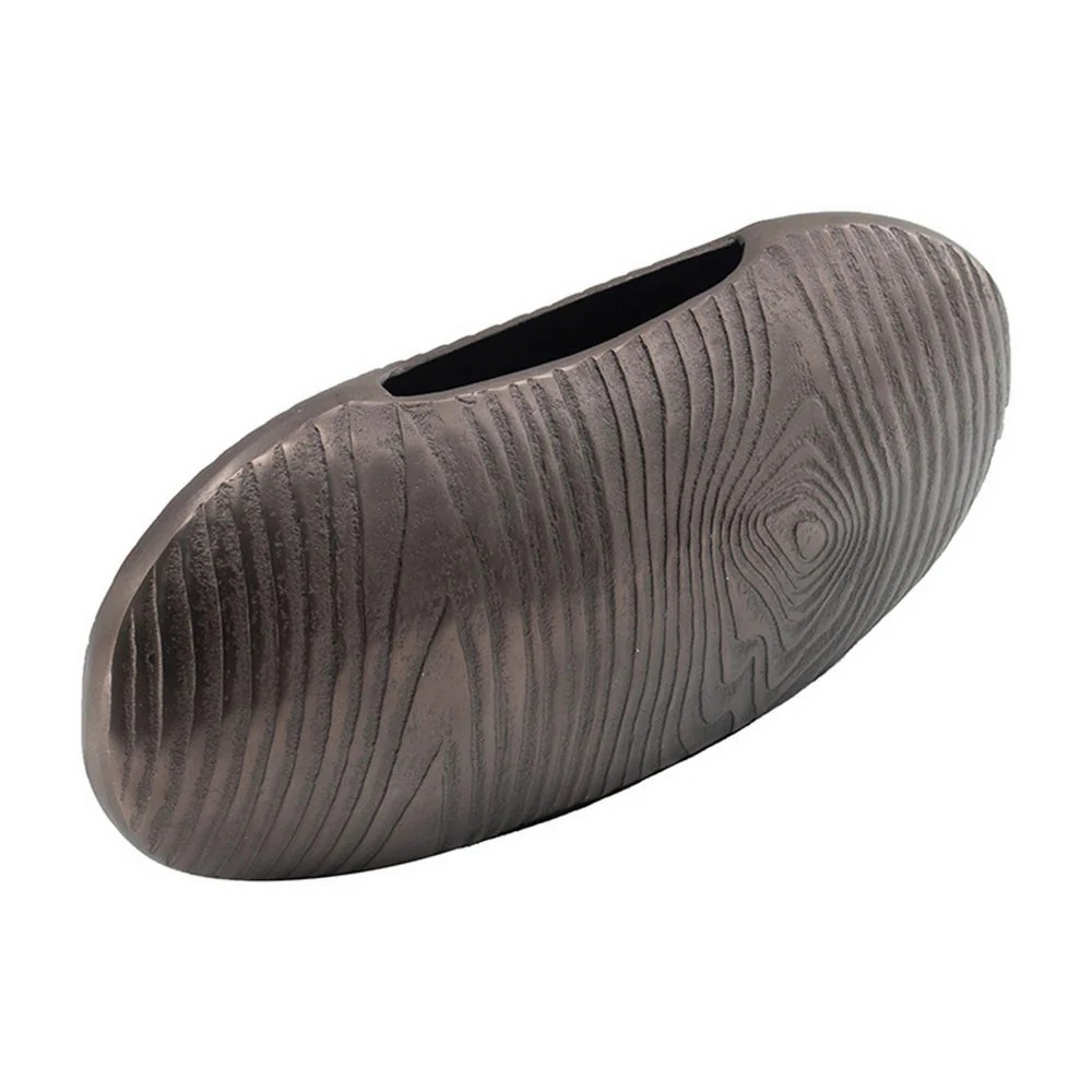 18" Gray Aluminum Oval Disc Vase - Modern Wenge Wood Texture Decorative Vase for Home Decor