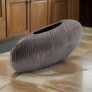 18" Gray Aluminum Oval Disc Vase - Modern Wenge Wood Texture Decorative Vase for Home Decor