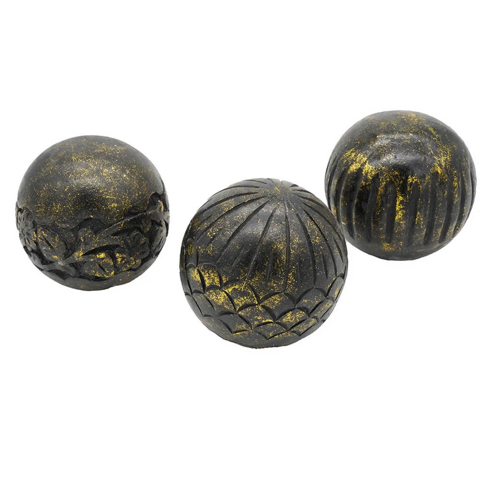 All Nested Mango Wood Decorative Balls - Black & Yellow Orbs Set of 3 - Carved Tabletop Decor