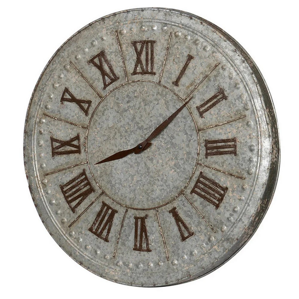 20" Vintage Gray Metal Wall Clock, Roman Numerals, Farmhouse Style, Round Clock, Decorative Clock