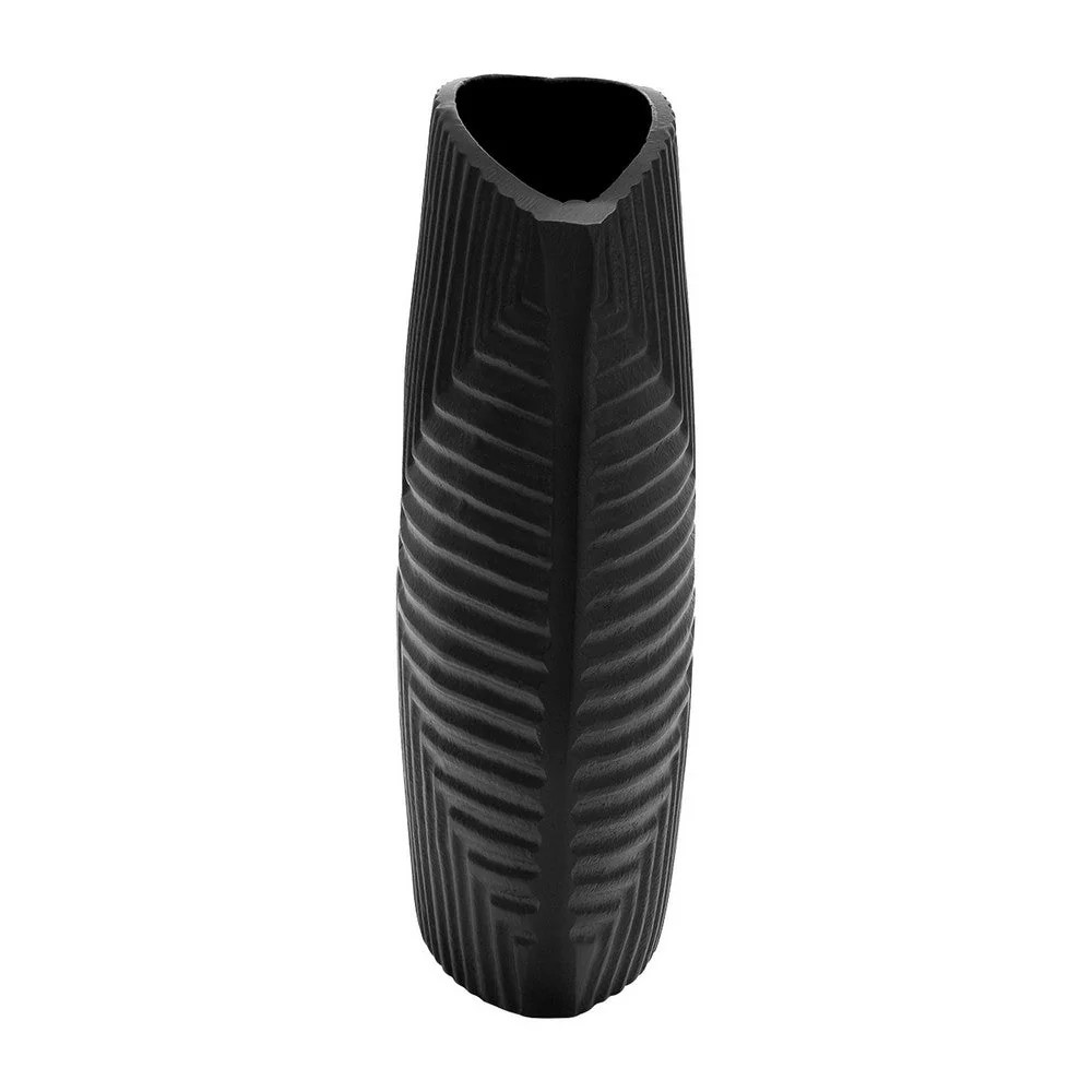 Ako 10 Inch Black Metal Ribbed Vase - Modern Contemporary Aluminum Accent Decor