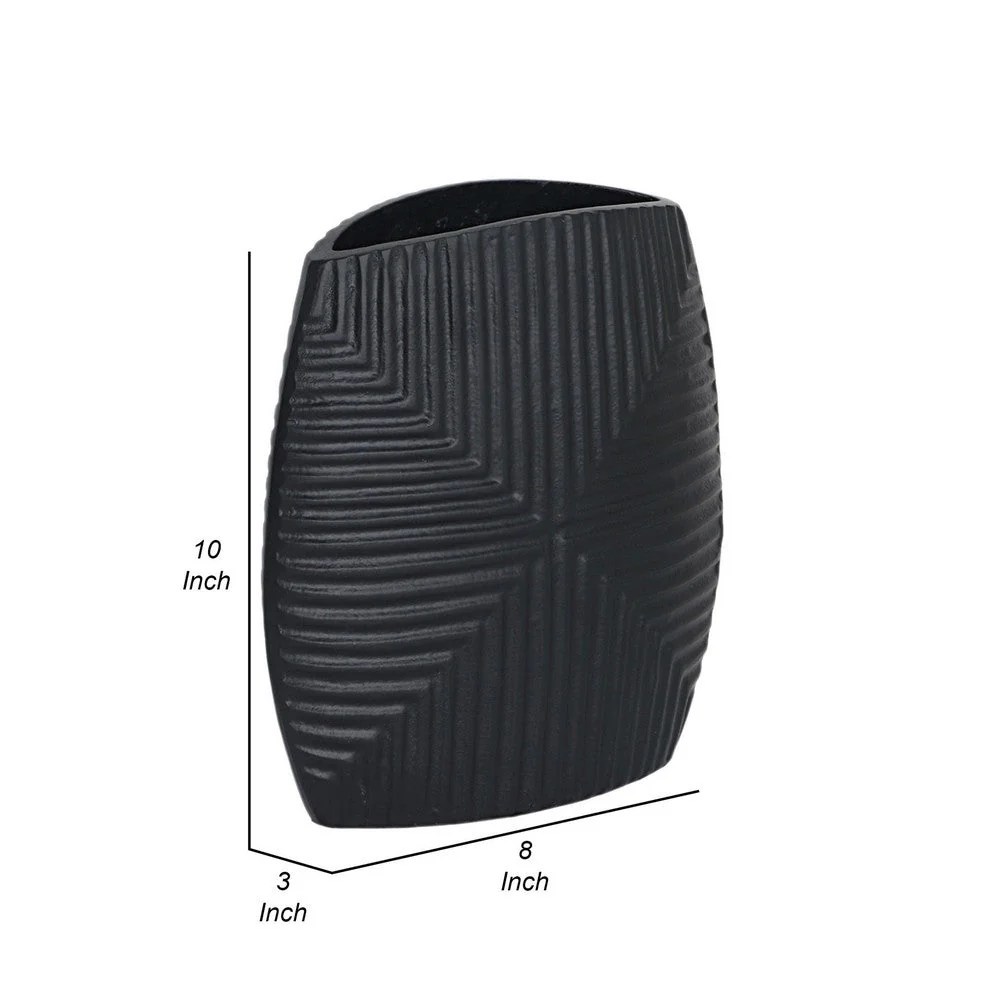 Ako 10 Inch Black Metal Ribbed Vase - Modern Contemporary Aluminum Accent Decor