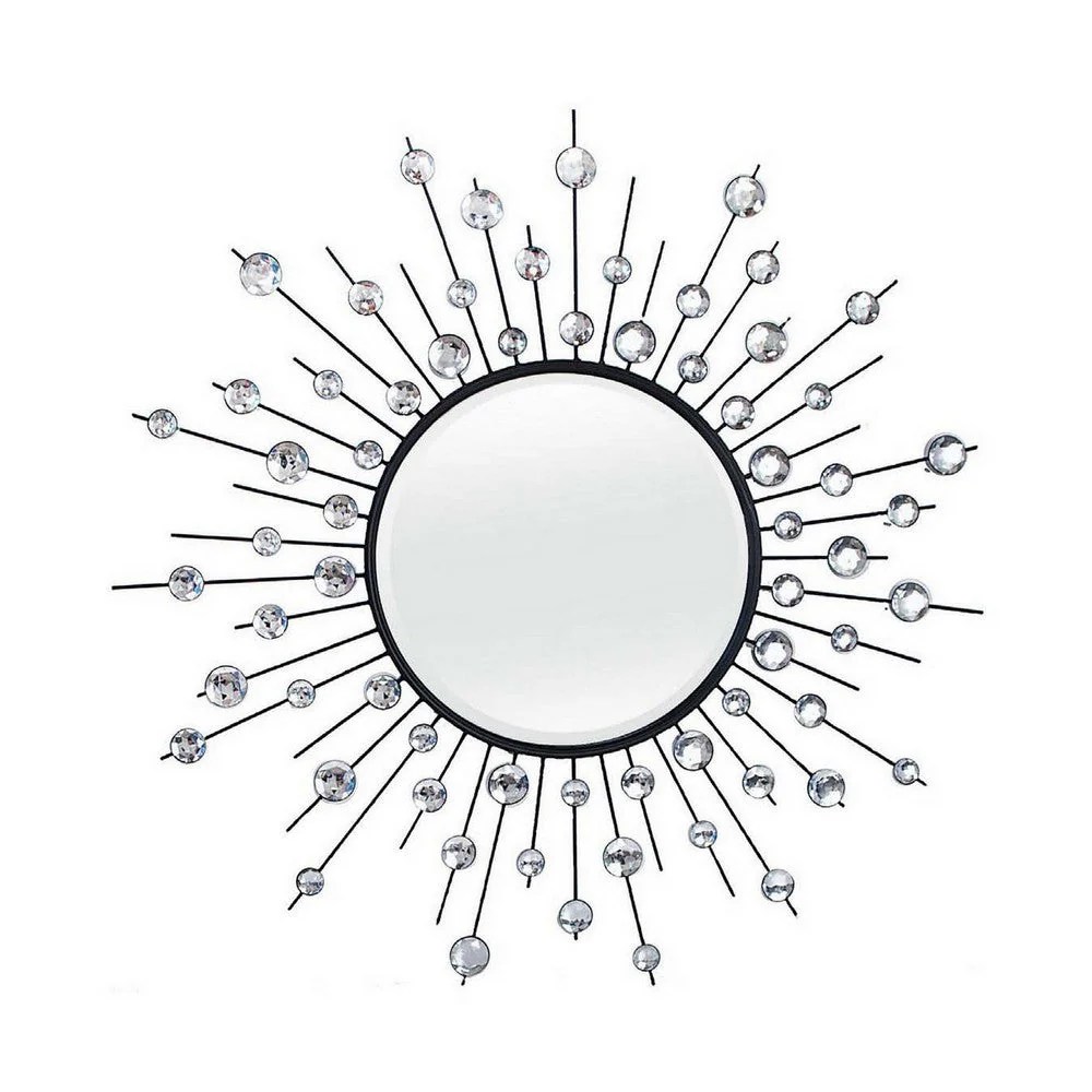 32 Inch Round Sunburst Mirror Wall Decor - Black & Silver Metal Hanging Art
