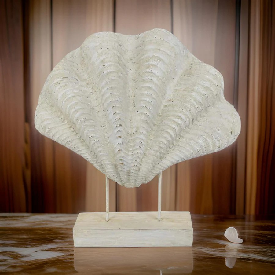 Shyn 23" Antique White Resin Shell Decor Tabletop Coastal Ornament with Wood Stand