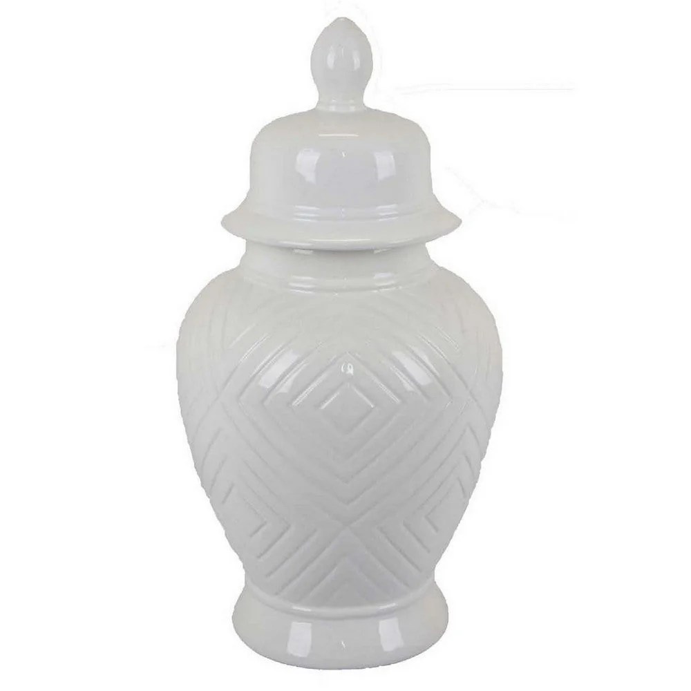 18 Inch White Ceramic Temple Ginger Jar with Dome Lid & Geometric Design - Modern Decorative Accent