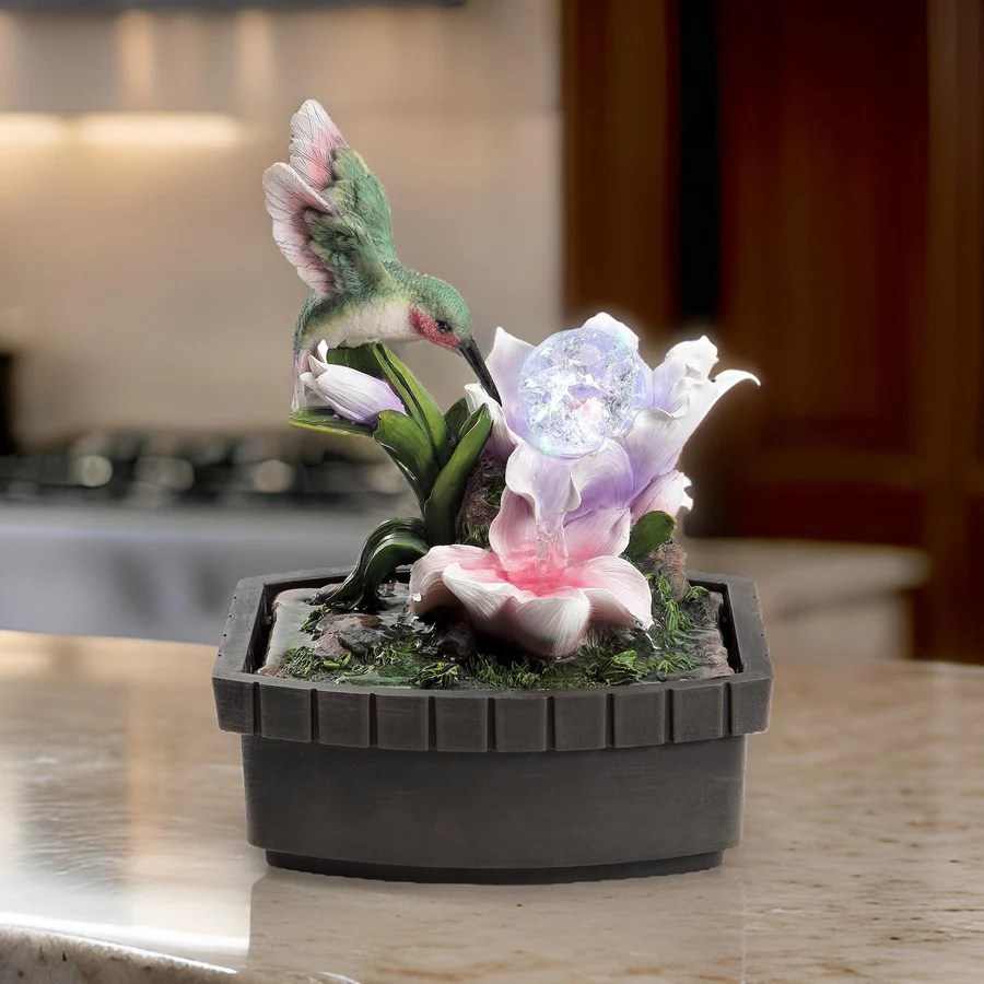 ECI 11" Hummingbird Tabletop Fountain with LED Light, Polyresin, Multicolor, Hand-Painted, Crystal Ball, Water Feature, Decorative Accent