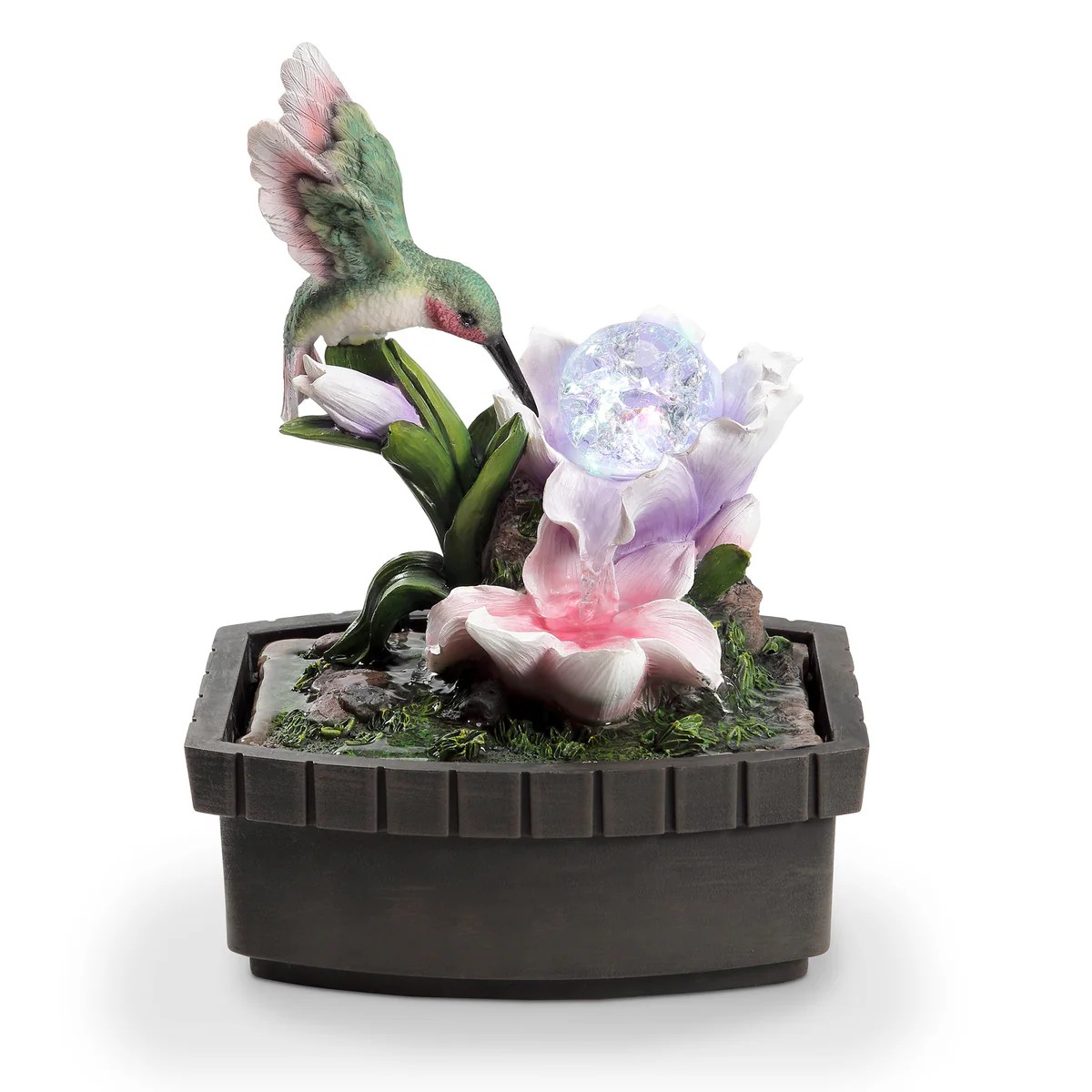 ECI 11" Hummingbird Tabletop Fountain with LED Light, Polyresin, Multicolor, Hand-Painted, Crystal Ball, Water Feature, Decorative Accent