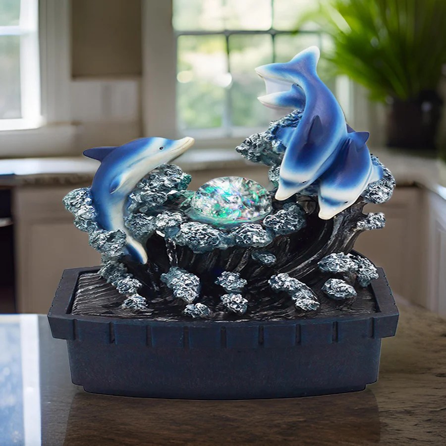 Eci 11" LED Dolphin Tabletop Water Fountain, Polyresin, Multicolor, Crystal Accents, Modern Decor