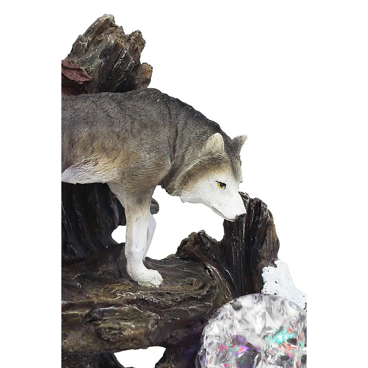 Eci 10 Inch Gray Wolf Tabletop Water Fountain with LED Lights - Polyresin, Rotating Crystal Ball, Modern Decor