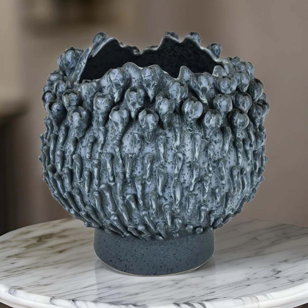 12 Inch Blue Ceramic Decorative Bowl, Modern Barnacle Style, Drop Accent, Centerpiece, Table Decor