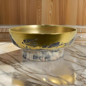 16" Gold Ceramic Decorative Bowl, Distressed Finish, Modern Pedestal Bowl, Tabletop Centerpiece