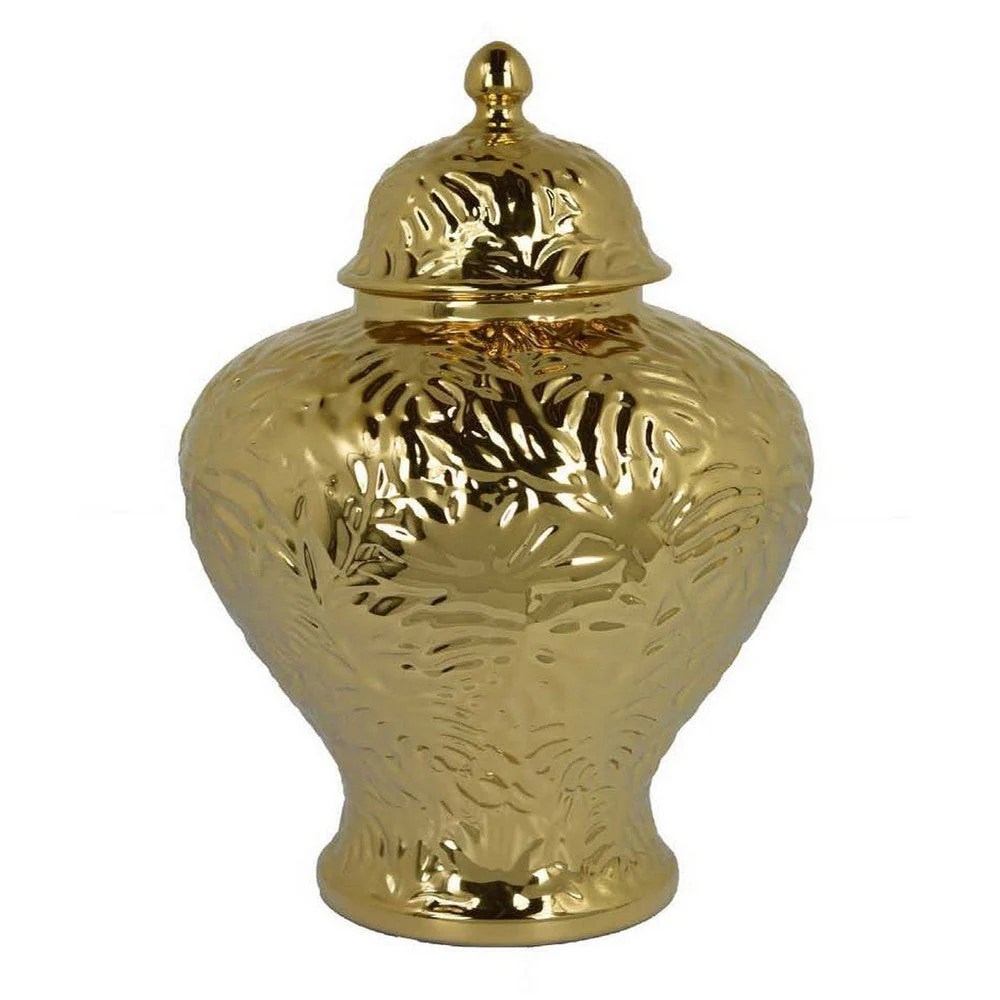 Aniea Gold Ceramic Temple Jar, 18 Inch Geometric Decorative Accent Jar with Dome Lid, Botanical Leaf Pattern, Modern Home Decor