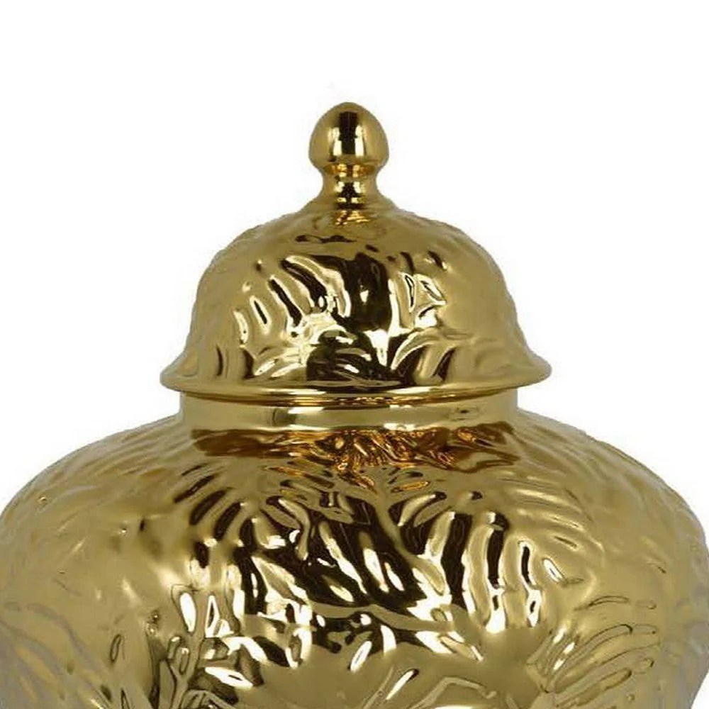 Aniea Gold Ceramic Temple Jar, 18 Inch Geometric Decorative Accent Jar with Dome Lid, Botanical Leaf Pattern, Modern Home Decor