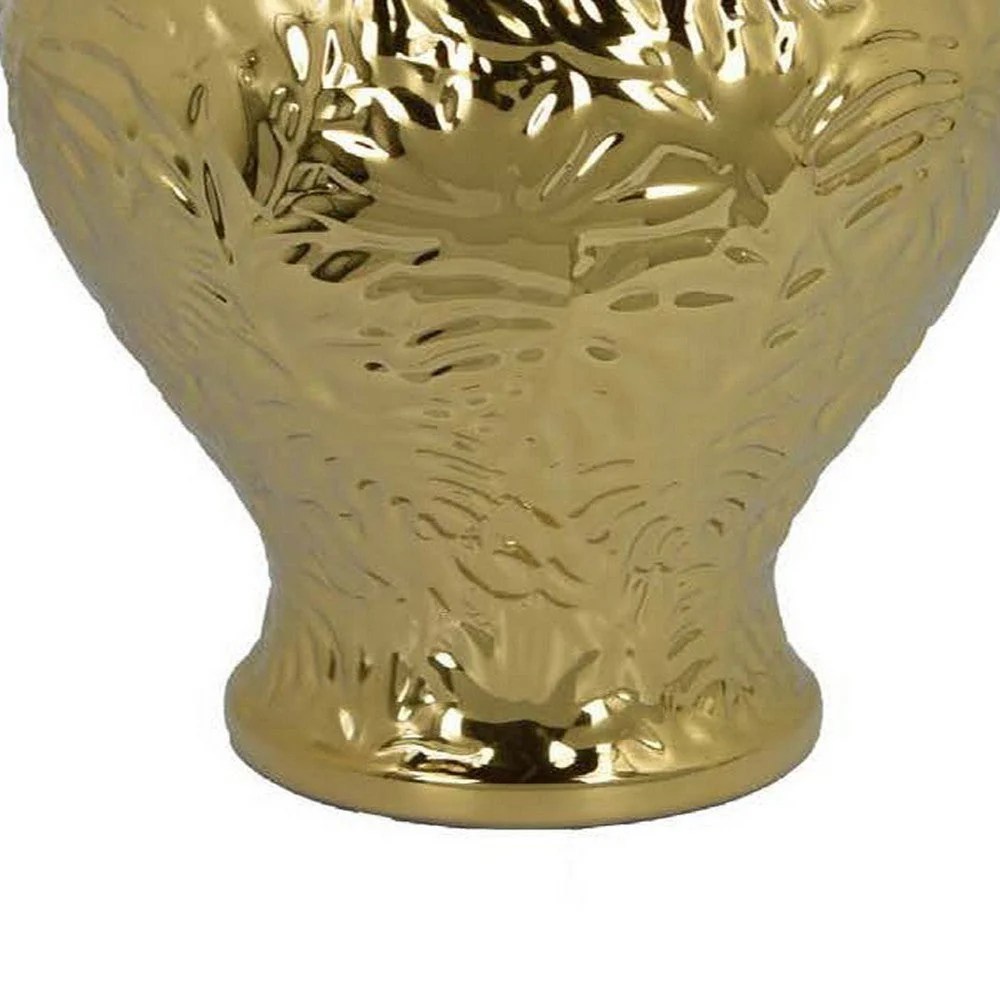 Aniea Gold Ceramic Temple Jar, 18 Inch Geometric Decorative Accent Jar with Dome Lid, Botanical Leaf Pattern, Modern Home Decor