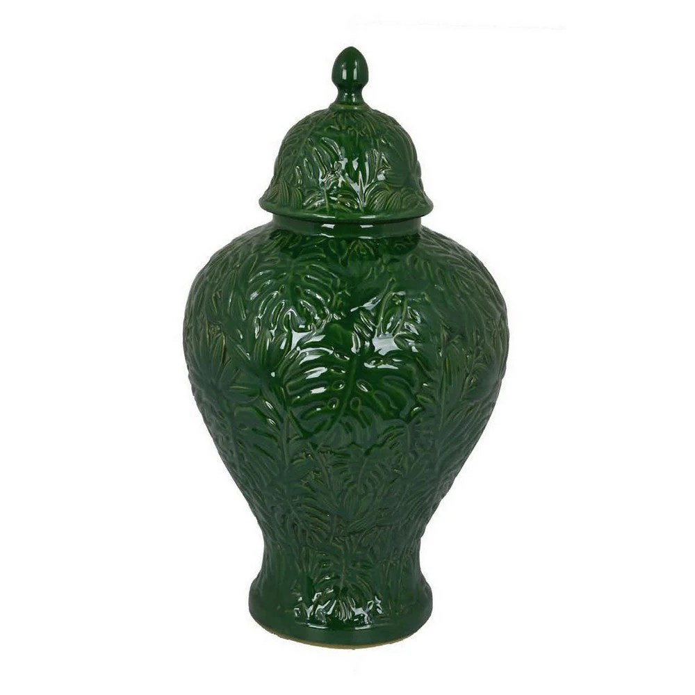 Aniea 18" Green Ceramic Temple Jar with Dome Lid, Geometric & Botanical Design, Decorative Accent Jar