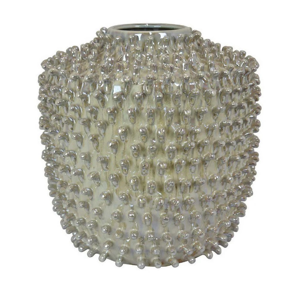 12 Inch Distressed Gray Ceramic Vase, Modern Studded Accent Vase, Decorative Tabletop Flower Vase, White Ceramic Vase