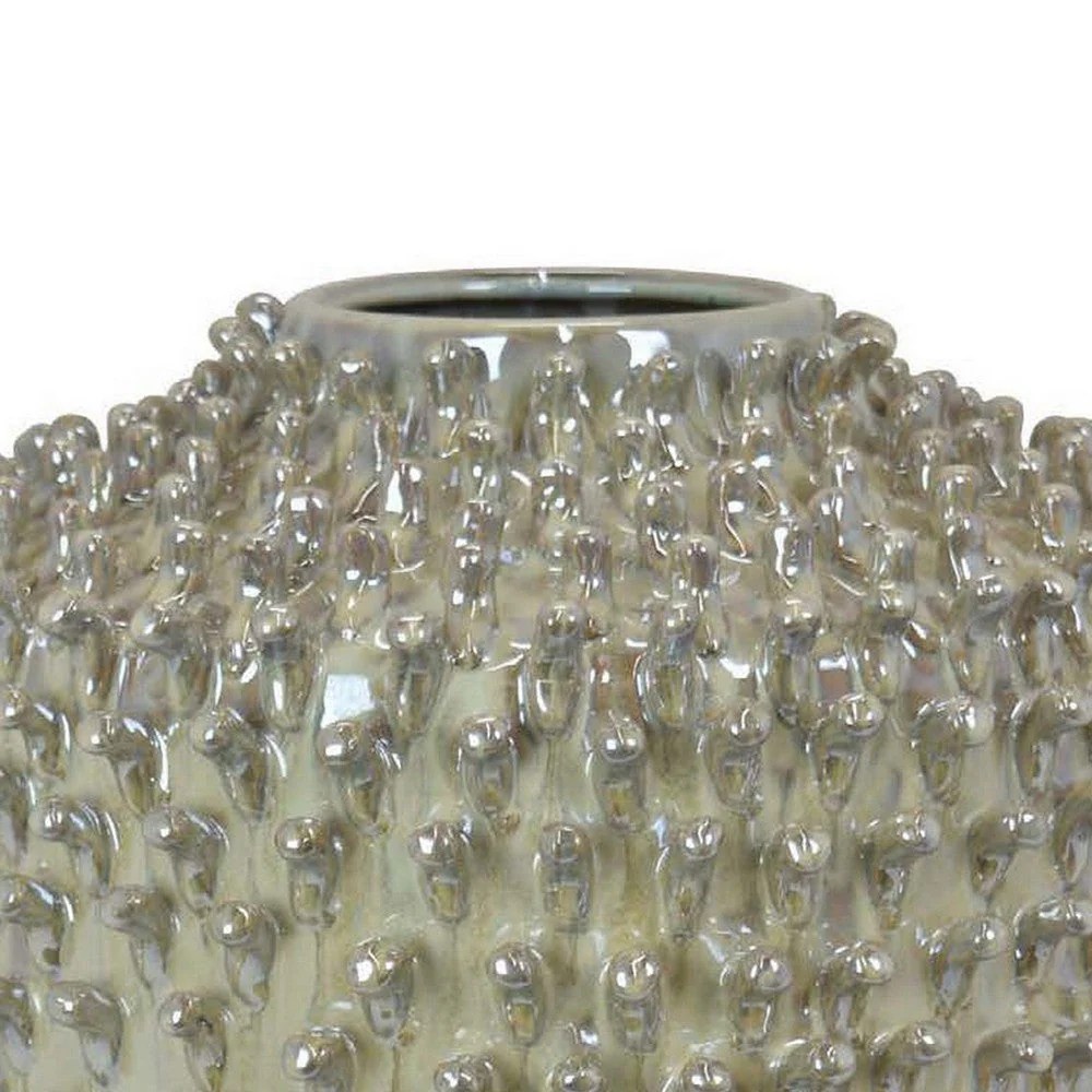 12 Inch Distressed Gray Ceramic Vase, Modern Studded Accent Vase, Decorative Tabletop Flower Vase, White Ceramic Vase