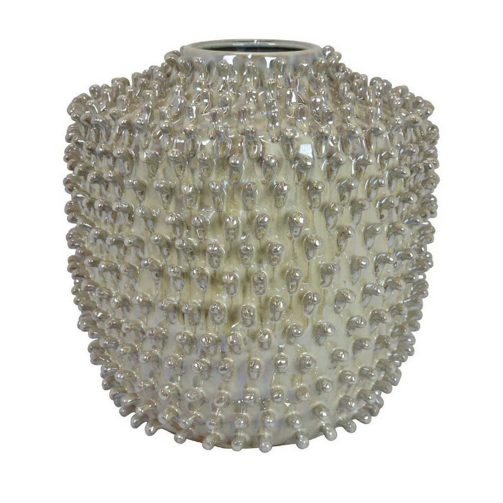 12 Inch Distressed Gray Ceramic Vase, Modern Studded Accent Vase, Decorative Tabletop Flower Vase, White Ceramic Vase