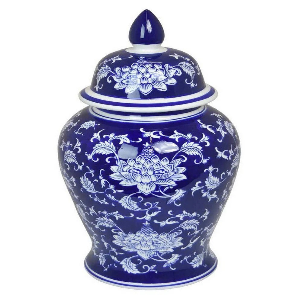 Sen 18" Blue & White Ceramic Temple Jar with Lid - Chinoiserie Floral Vintage Decor