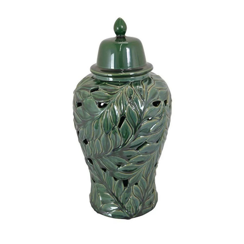 Heni 19" Green Ceramic Temple Jar with Lid, Leaf Cutout, Antique Style Decor Urn