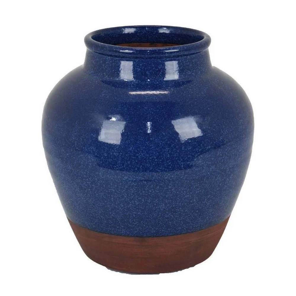 Venny 12 Inch Ceramic Flower Vase - Antique Blue & Brown Two-Tone, Round, Transitional Style Decor