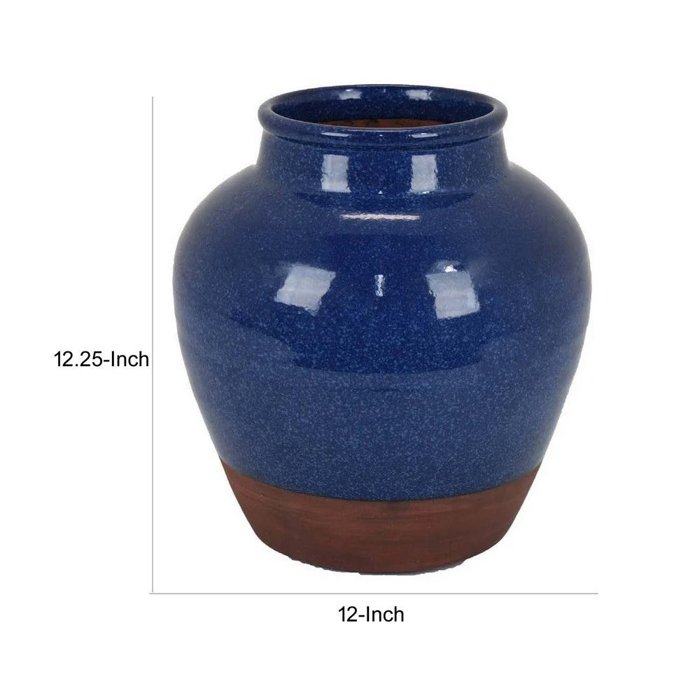 Venny 12 Inch Ceramic Flower Vase - Antique Blue & Brown Two-Tone, Round, Transitional Style Decor