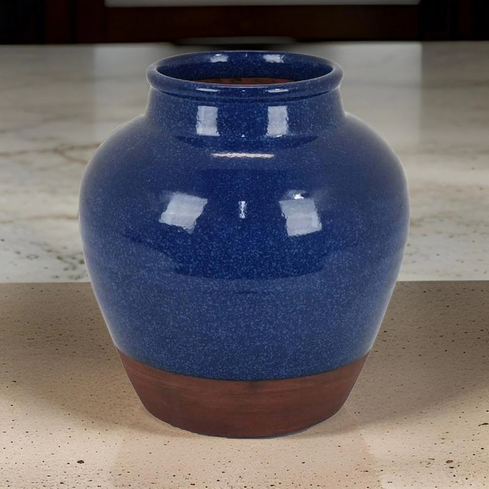 Venny 12 Inch Ceramic Flower Vase - Antique Blue & Brown Two-Tone, Round, Transitional Style Decor