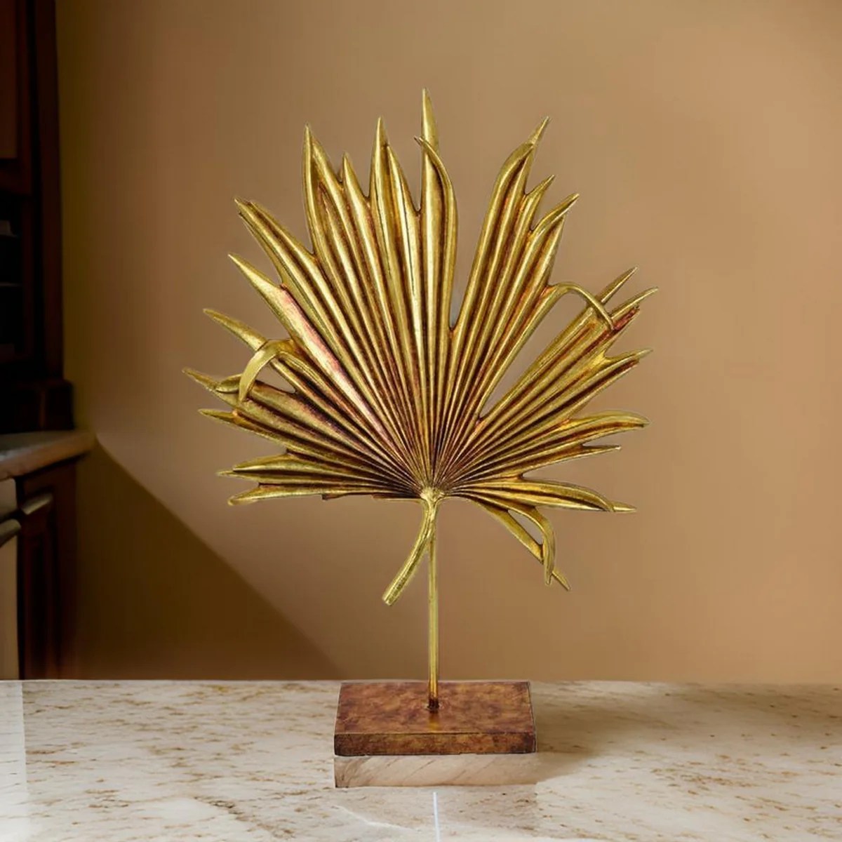 Menny 21" Copper Palm Leaf Resin Sculpture with Wood Stand - Modern Home Decor