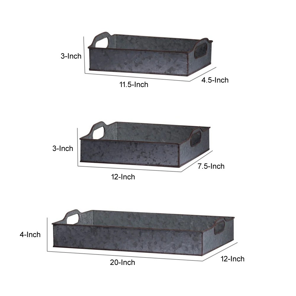 Galvanized Iron Nesting Trays Set of 3 - Rustic Gray Rectangular Serving Trays with Handles - Stackable Metal Trays for Home Decor - 12, 12, 20 Inch