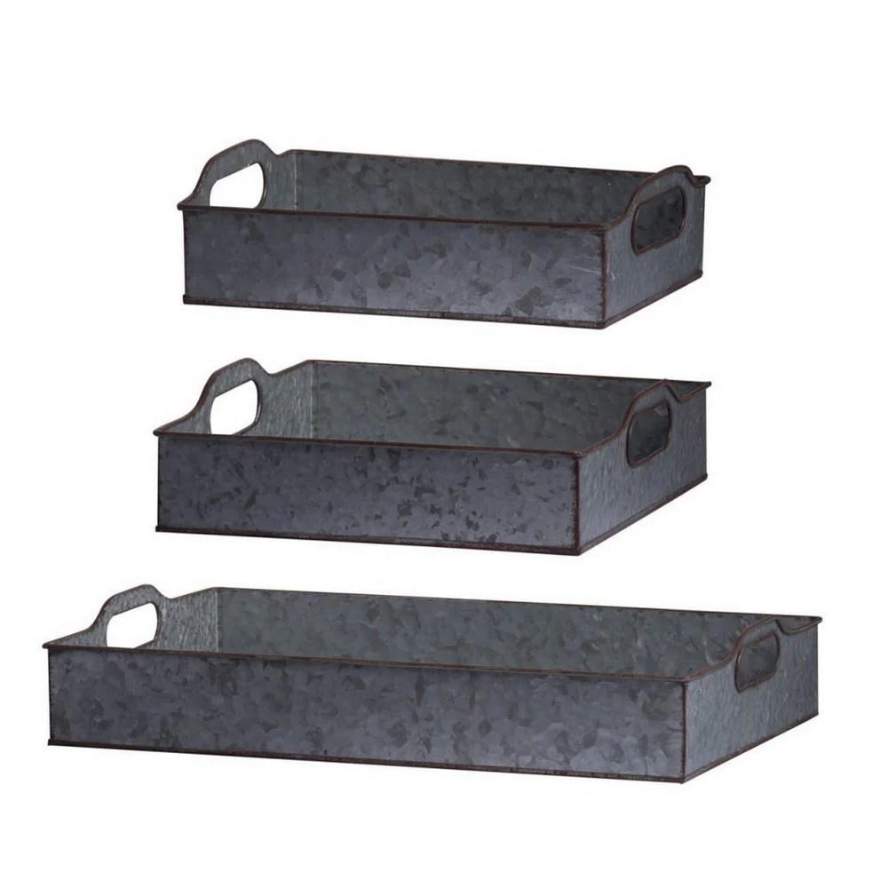 Galvanized Iron Nesting Trays Set of 3 - Rustic Gray Rectangular Serving Trays with Handles - Stackable Metal Trays for Home Decor - 12, 12, 20 Inch