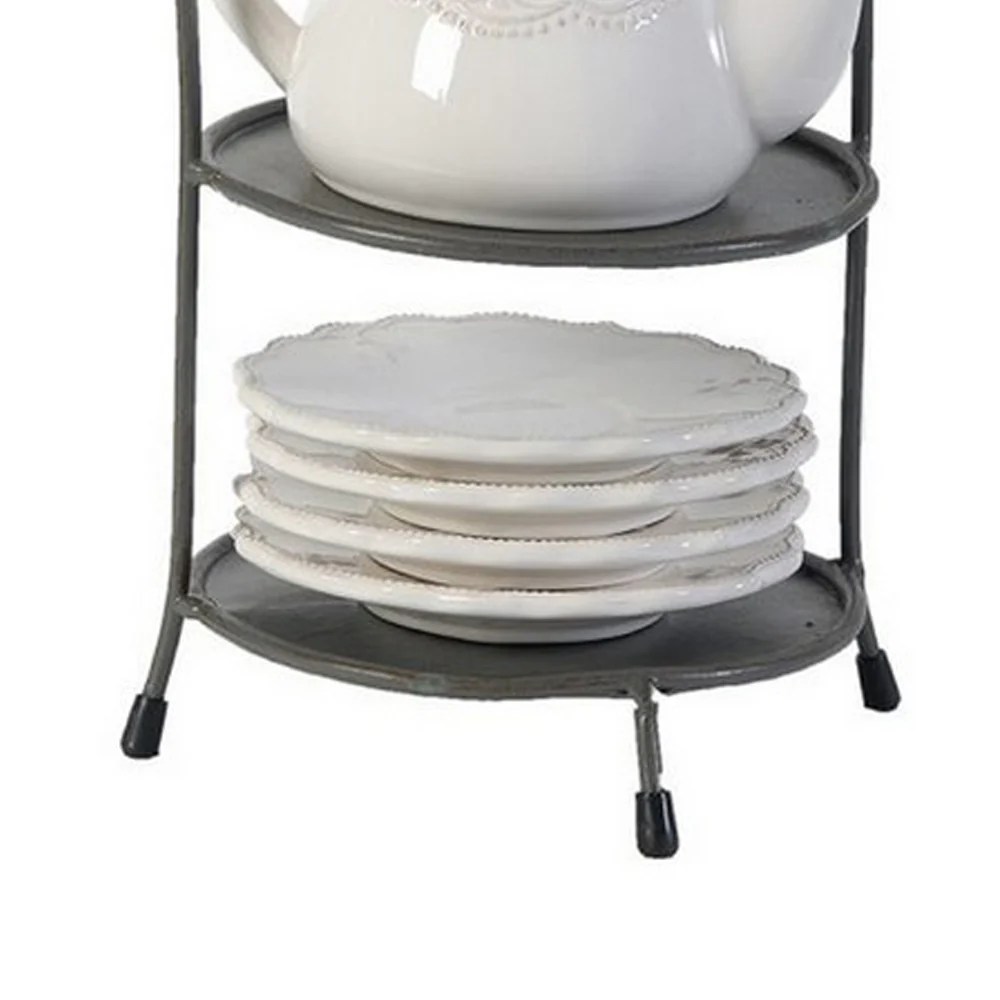 Zoya 10-Piece Porcelain Tea Set with Metal Stand, Fleur-De-Lis Design, White & Gray, Tea Kettle, Cups, Saucers