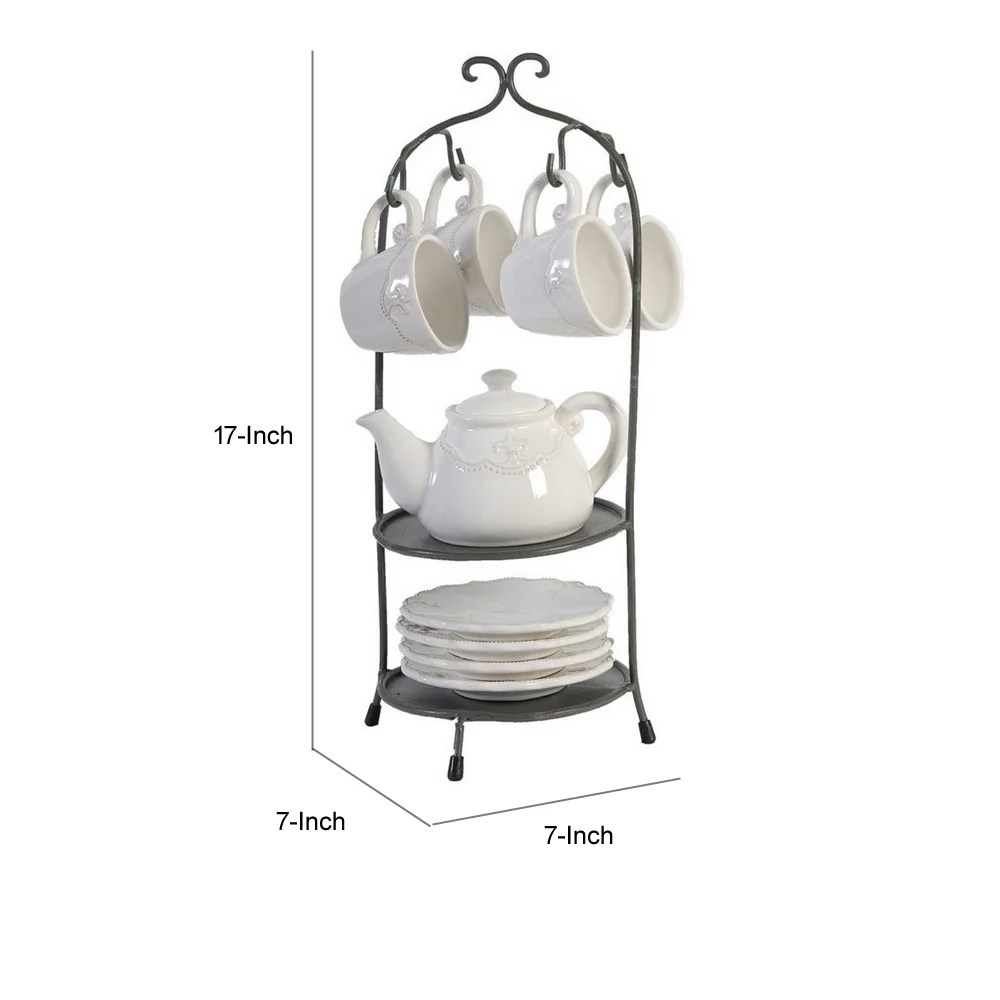 Zoya 10-Piece Porcelain Tea Set with Metal Stand, Fleur-De-Lis Design, White & Gray, Tea Kettle, Cups, Saucers