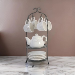 Zoya 10-Piece Porcelain Tea Set with Metal Stand, Fleur-De-Lis Design, White & Gray, Tea Kettle, Cups, Saucers